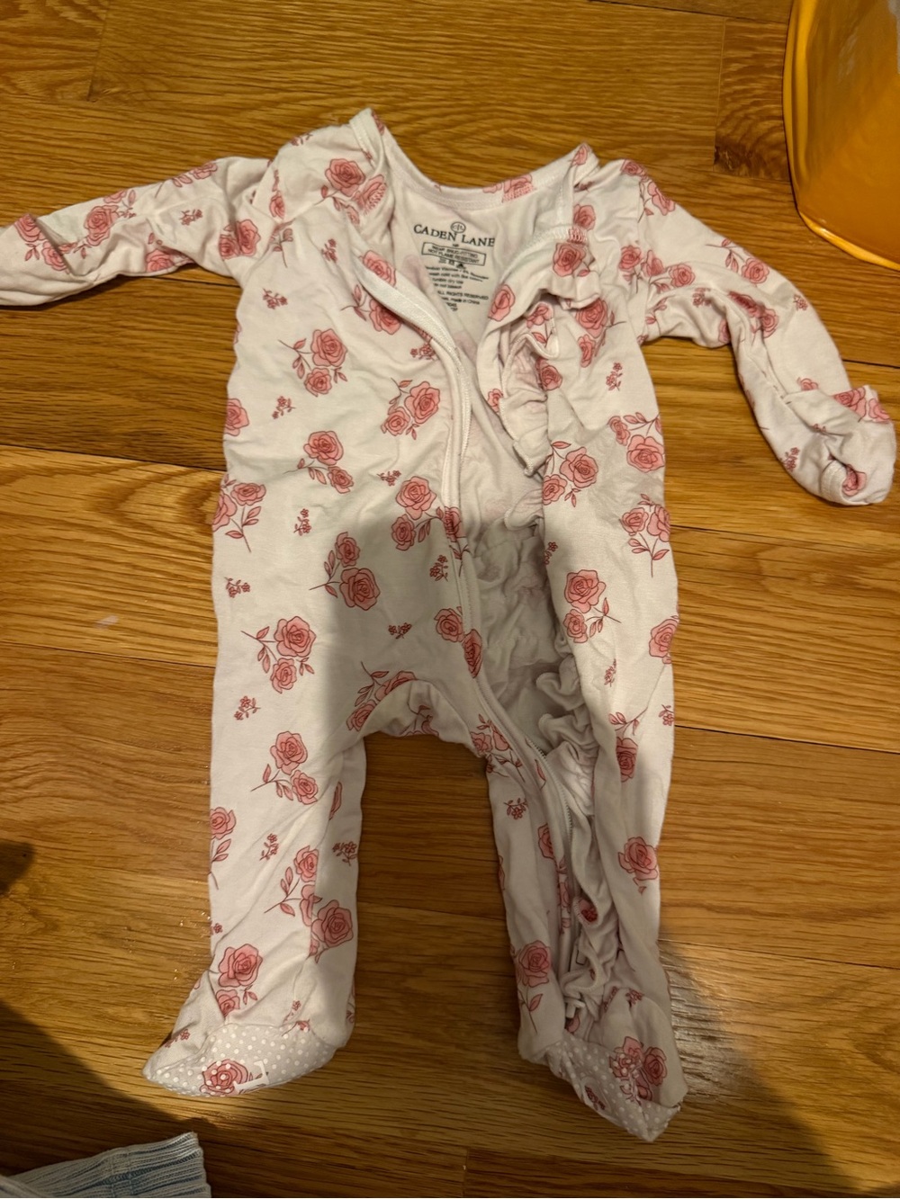 Caden Lane White Footed Pajamas with Pink Rose Print